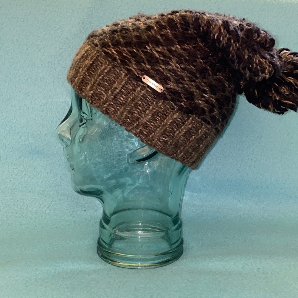 STEVE MADDEN chunky knit pom pom hat beanie dark light browns tan NEW SZ OSFA